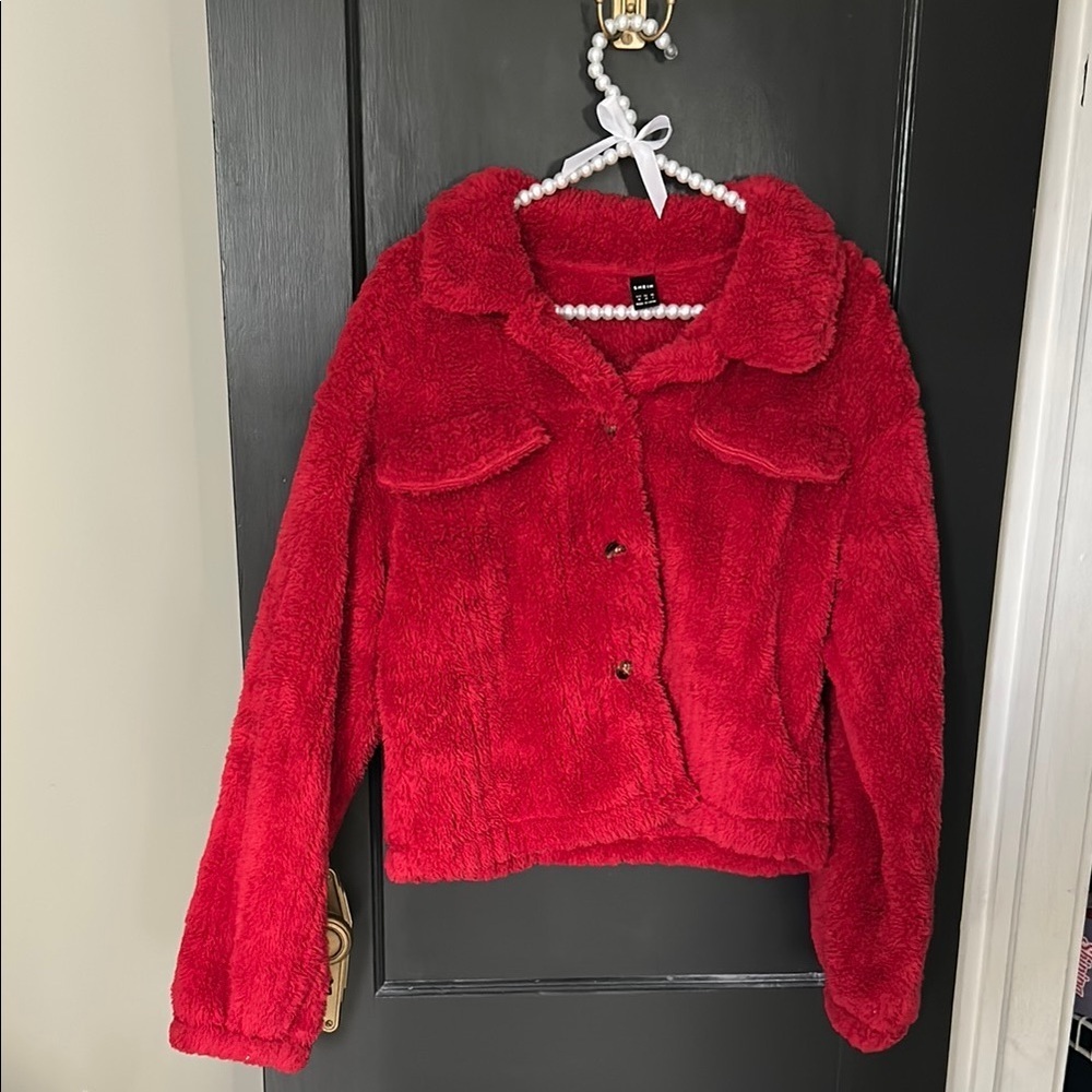 SHEIN Vibrant Red Faux Fur Coat/Sweater
